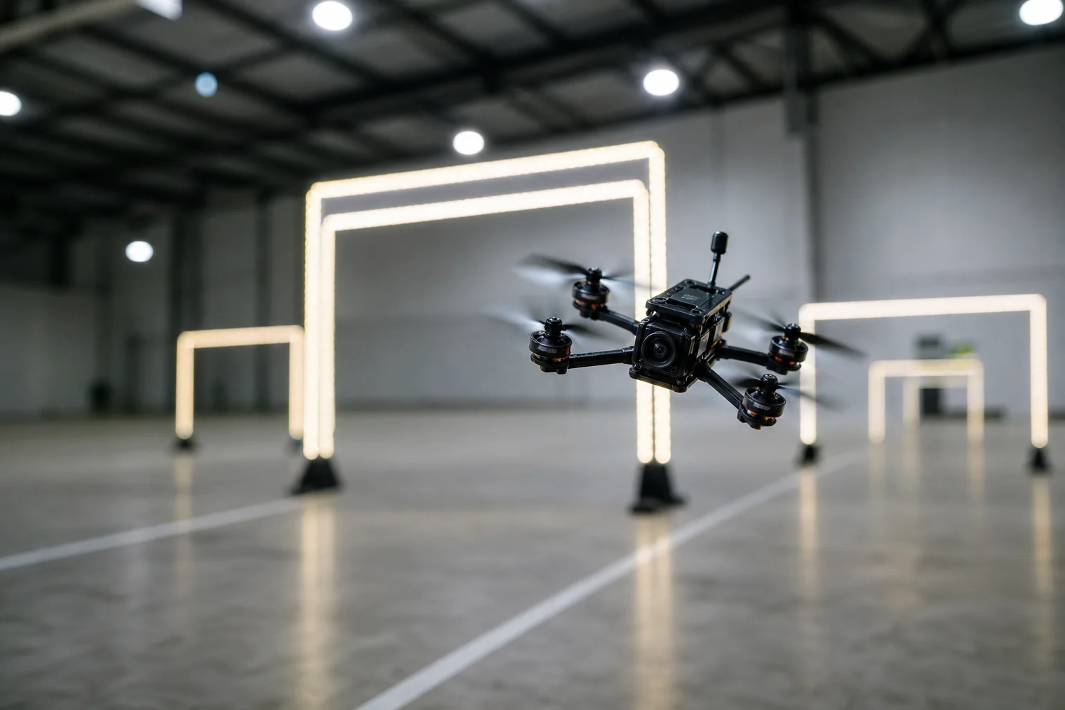 FPV-drönare som flyger genom en hinderbana inomhus med portar