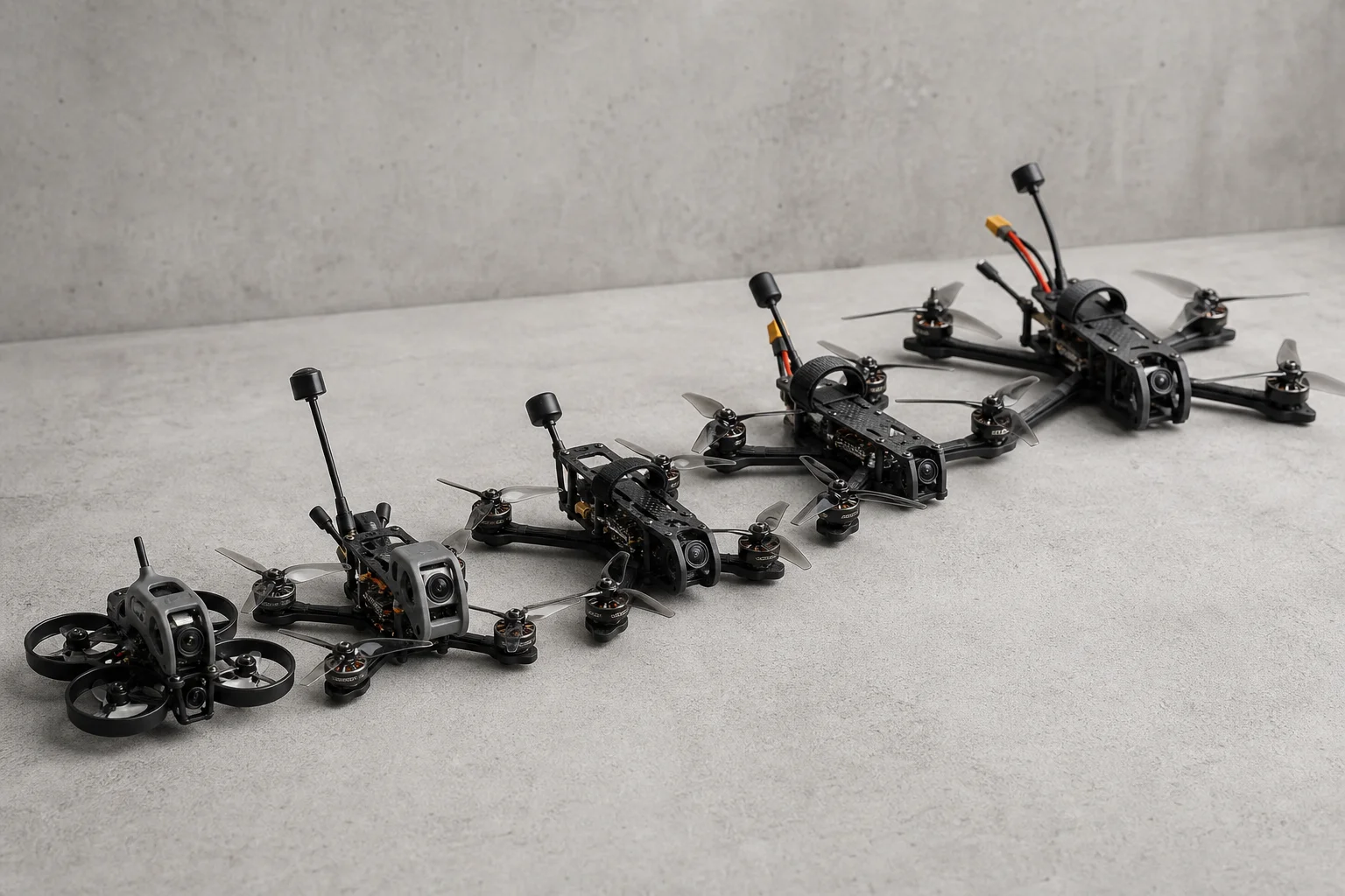 Five FPV racing drones arranged on concrete surface in varying sizes