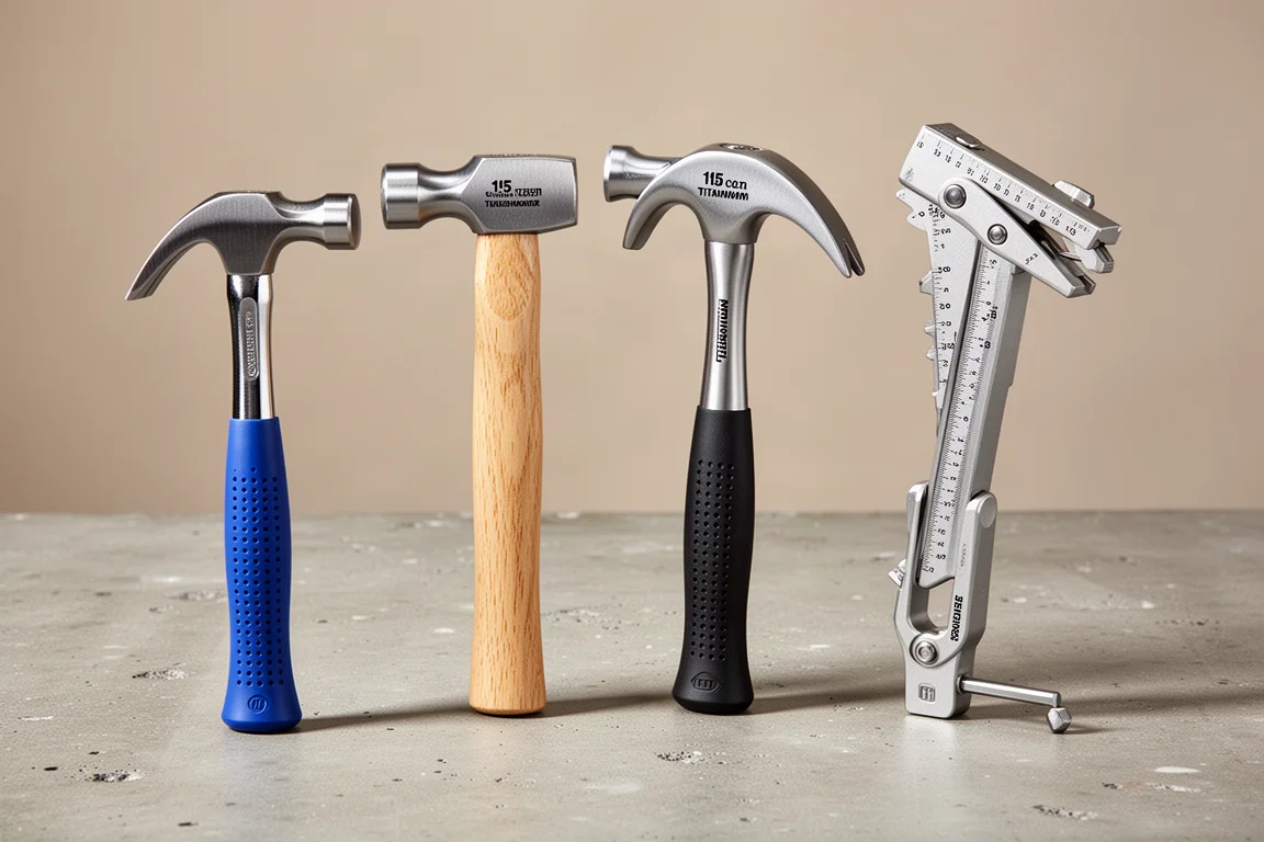 Four different framing hammers lined up on a concrete workshop surface