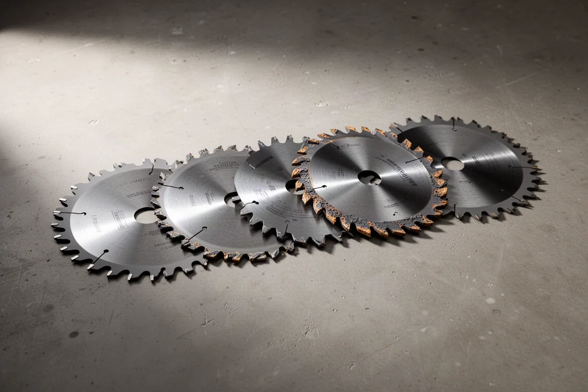 Four circular saw framing blades lined up on a concrete floor