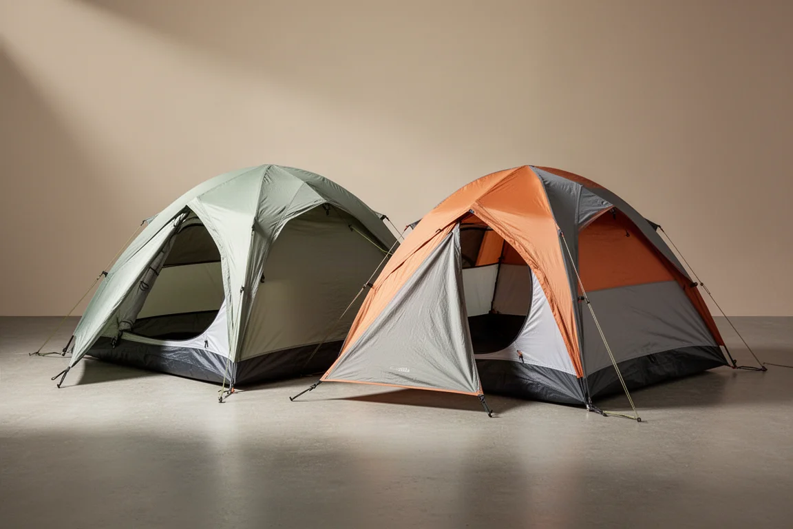 Two two-person backpacking tents pitched side by side on a concrete surface