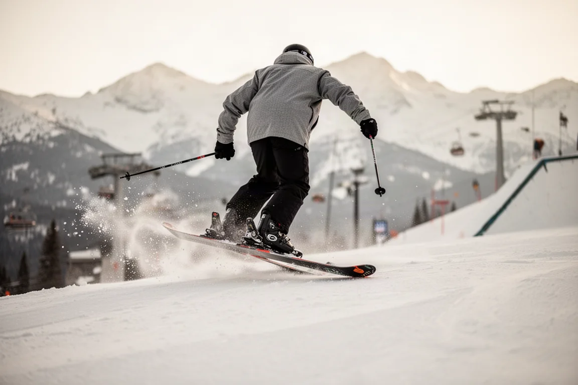 Un skieur fait un butter sur un ski de park sur une piste damée sous une lumière douce