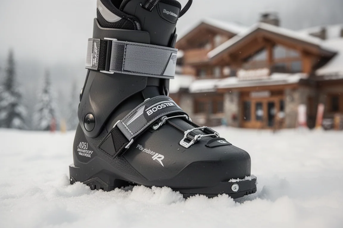 Gros plan sur un collier de chaussure de ski avec une sangle booster sur le sol enneigé de la station