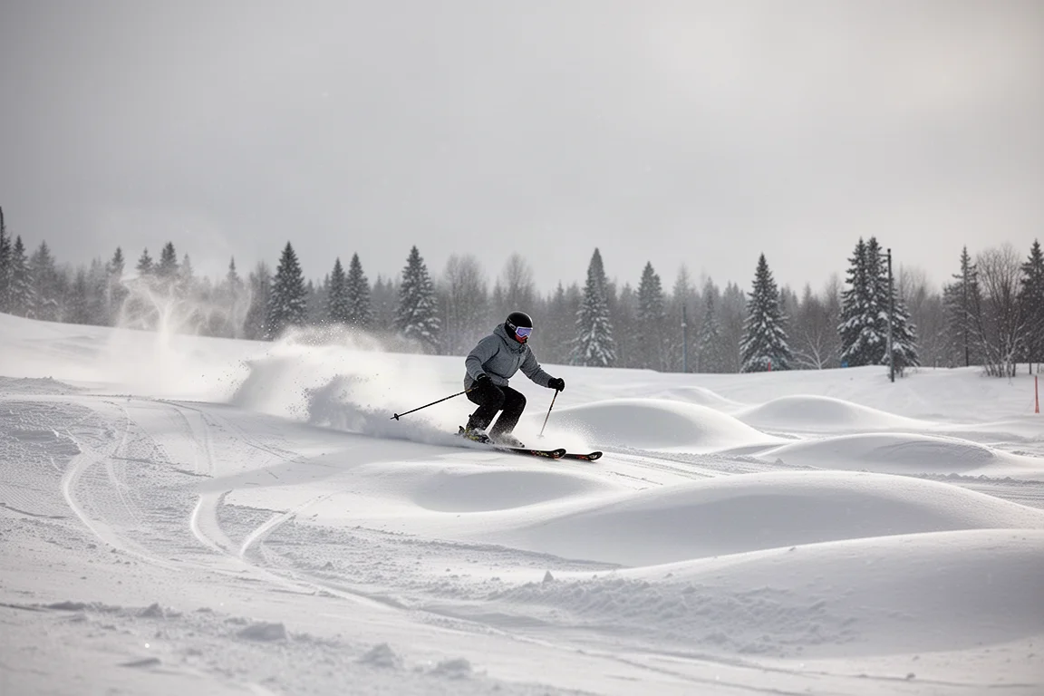 Un skieur flottant dans la poudreuse sur des skis larges entre deux passages au park