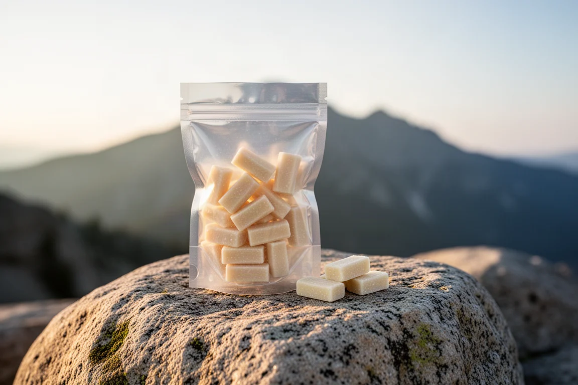Sacchetto richiudibile di caramelle su un masso di granito con creste montuose sullo sfondo