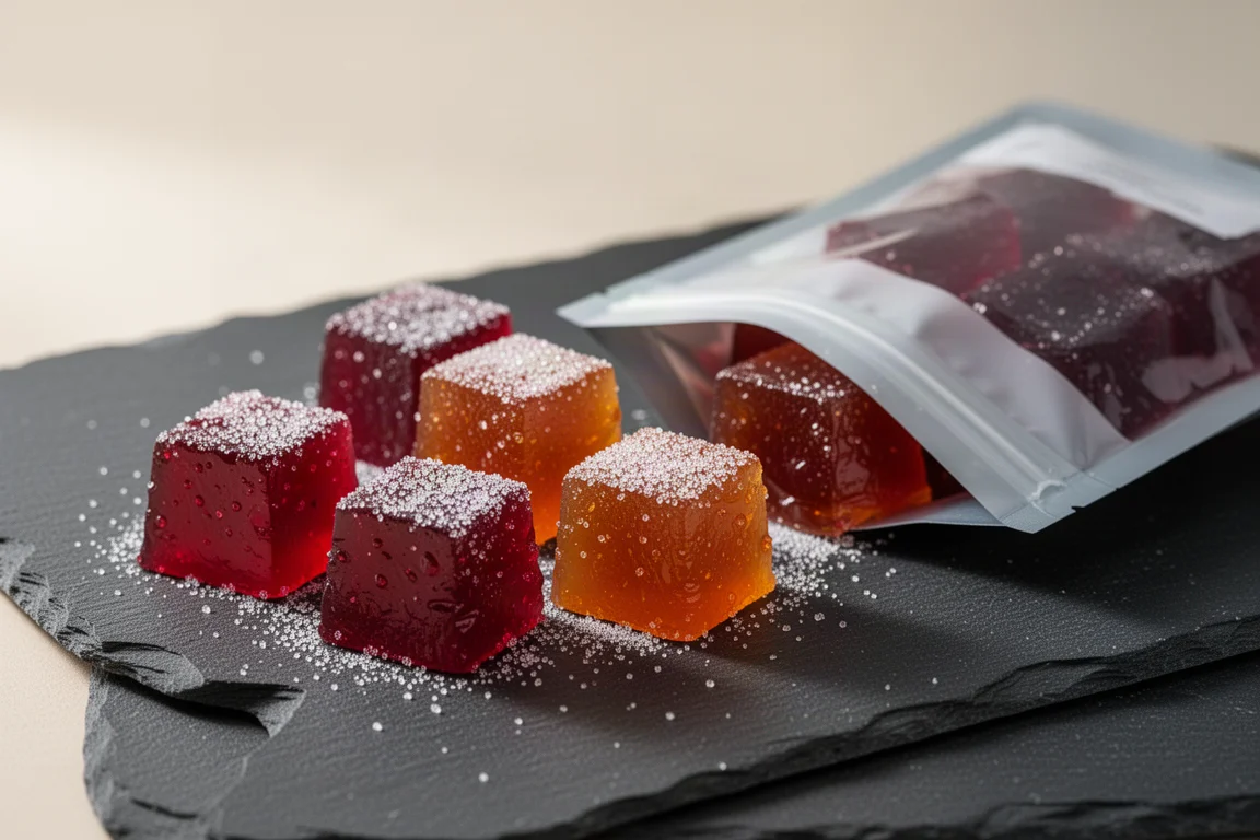 Zähe Fruchtgelees mit Zucker bestäubt, auf einer dunklen Steinoberfläche arrangiert