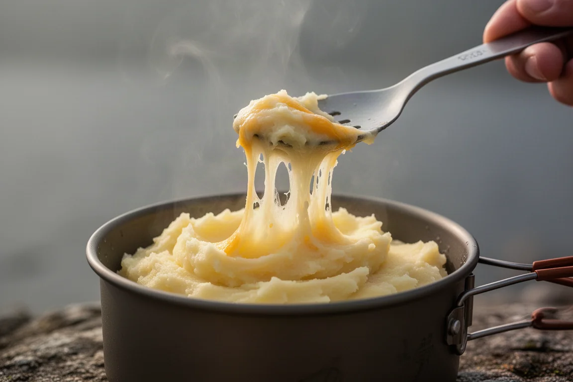 Käsiges Kartoffelpüree mit geschmeidiger, fondueartiger Textur, serviert in einer Camp-Schale