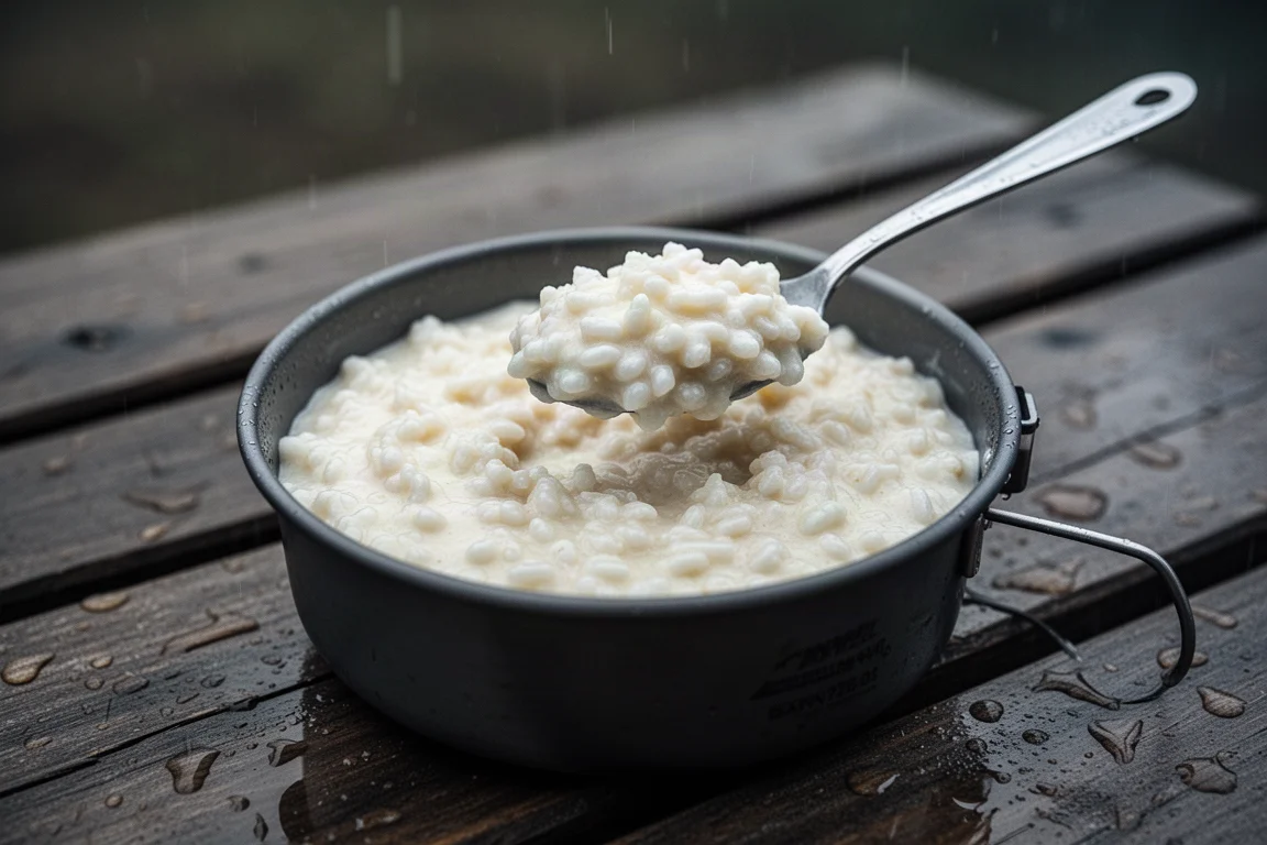 Cremiger Vanille-Milchreis in einer Schale serviert, bei regnerischen Outdoor-Bedingungen