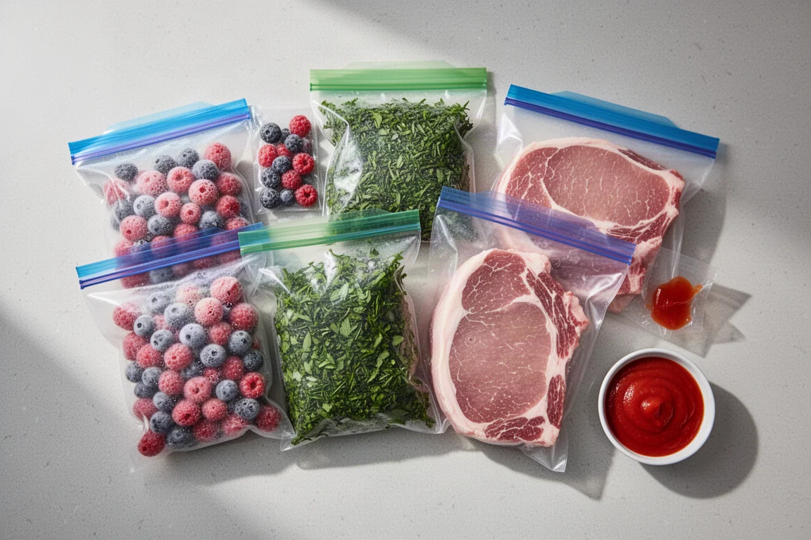 Flat-lay of food storage bags filled with frozen ingredients on a kitchen counter