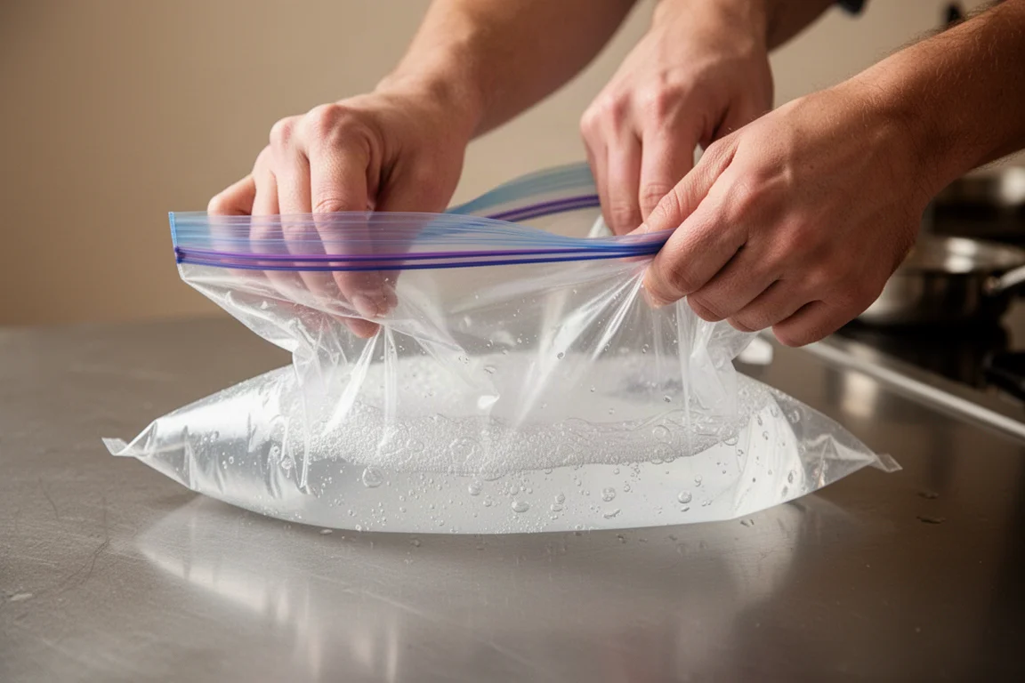 Hands pressing air out of a freezer bag before sealing it
