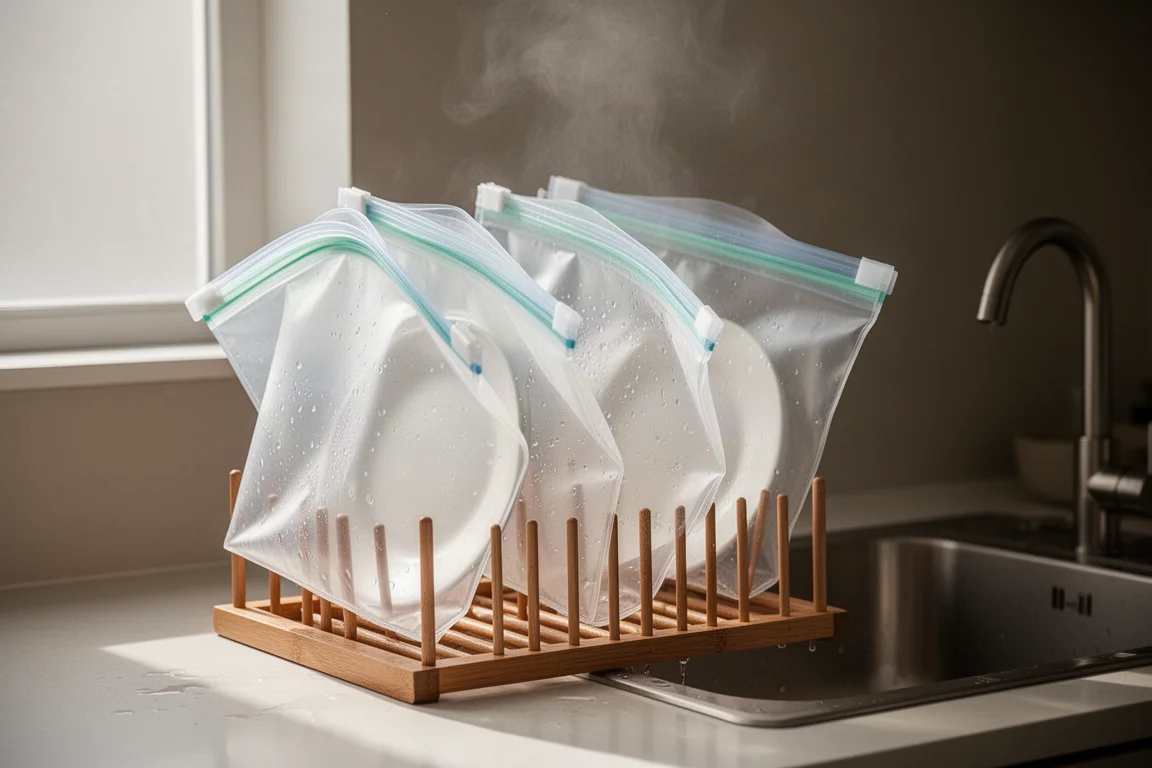 Reusable storage bags drying upright on a dish rack