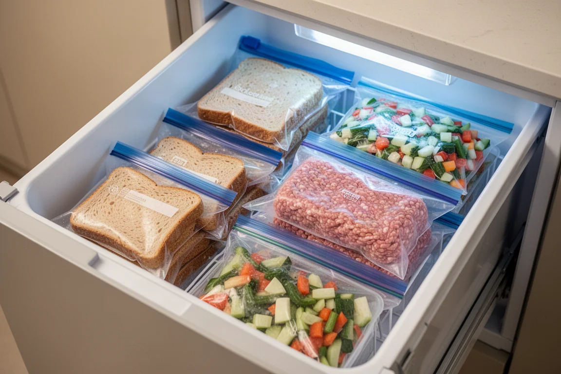 Open freezer drawer with food stored in organized storage bags
