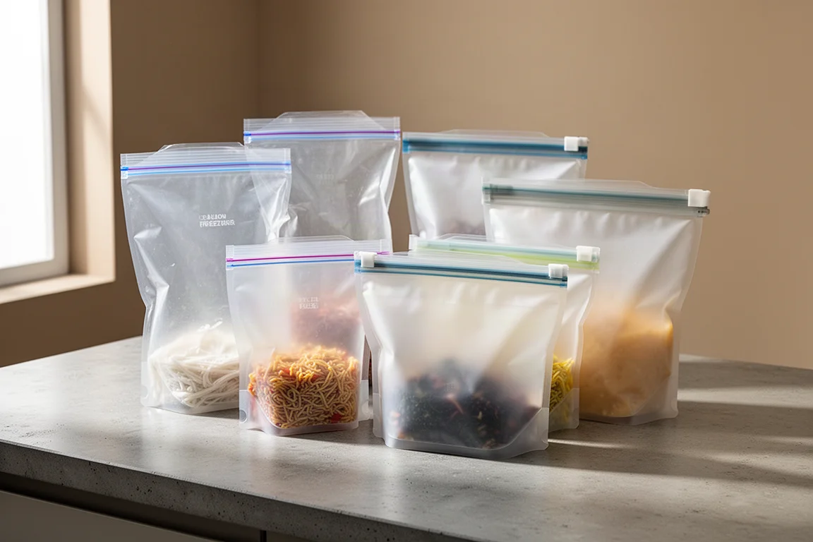 Assortment of disposable and reusable food storage bags on a kitchen counter