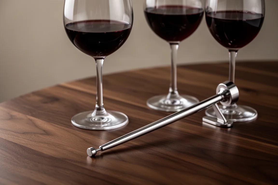 Un calice di vino rosso giovane accanto a una sottile chiave metallica per la degustazione del vino