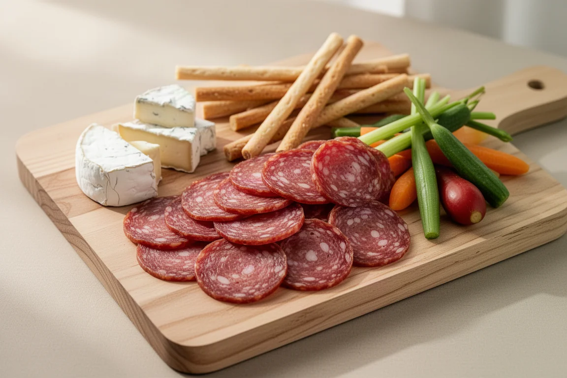 Sottili fette uniformi di salume disposte su un tagliere di legno per aperitivi