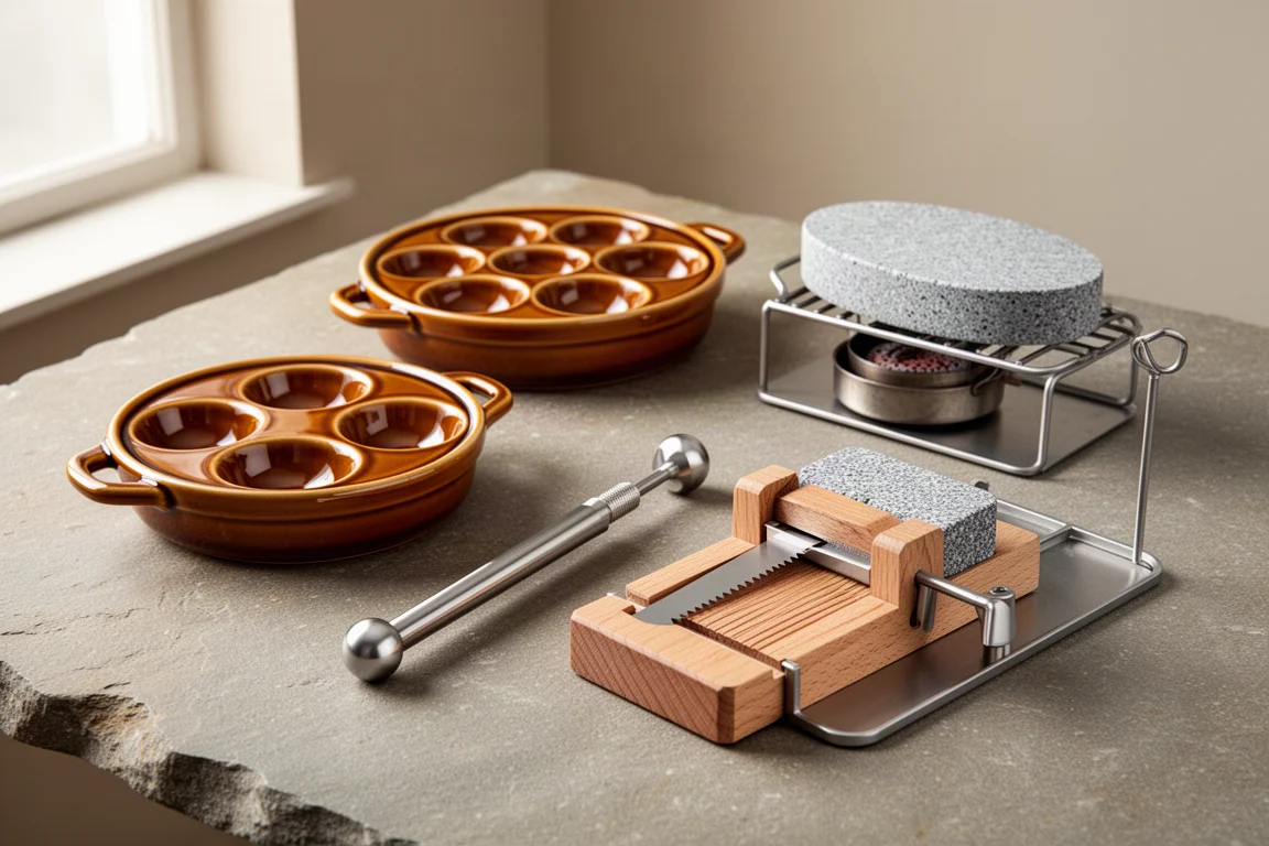 Four French kitchen gadgets arranged on a stone surface including escargot dishes, a wine key, a sausage slicer and a grill stone