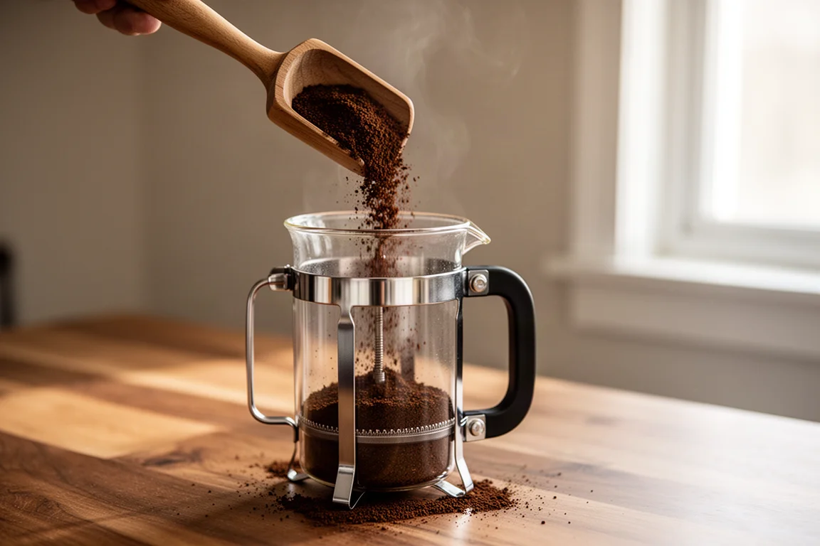 Coarse coffee grounds being added to a French press carafe