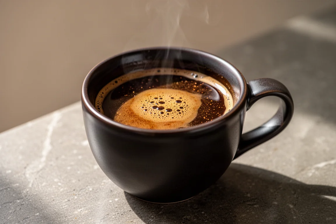 Fine coffee particles suspended in a rich dark cup of French press coffee
