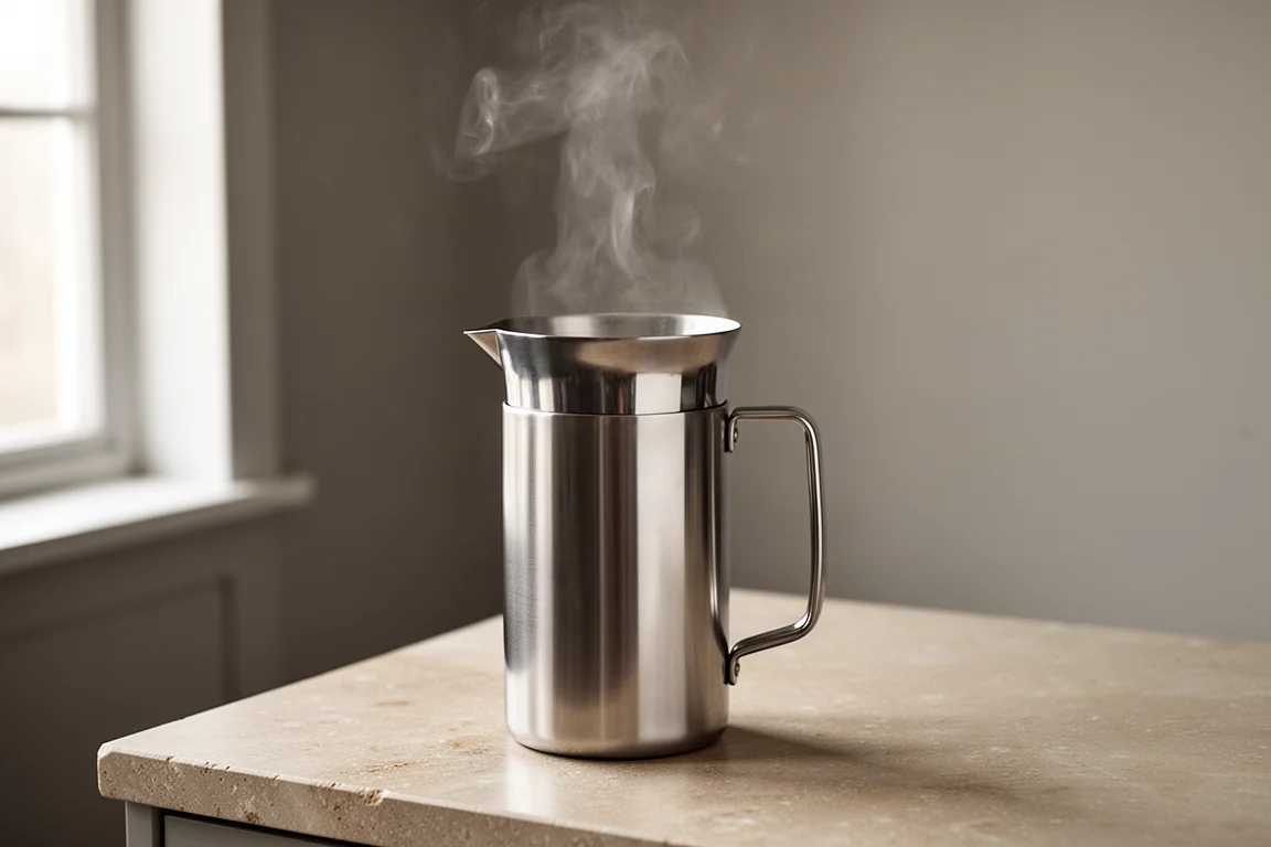 Double-walled stainless steel French press keeping coffee hot on a kitchen counter