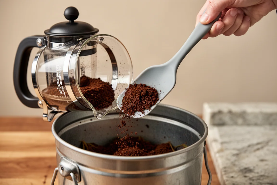 Coffee grounds being scooped from the bottom of a French press with a silicone spatula