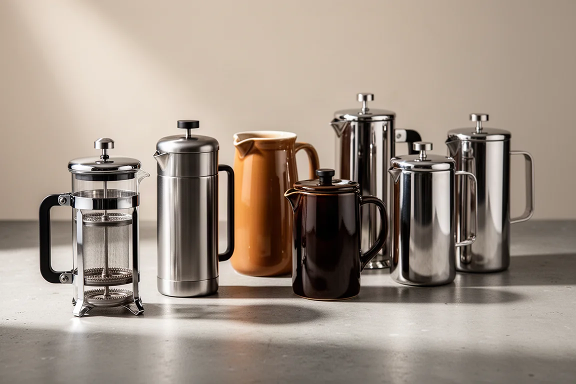 Seven French press coffee makers of glass, steel, and ceramic lined up on a concrete surface
