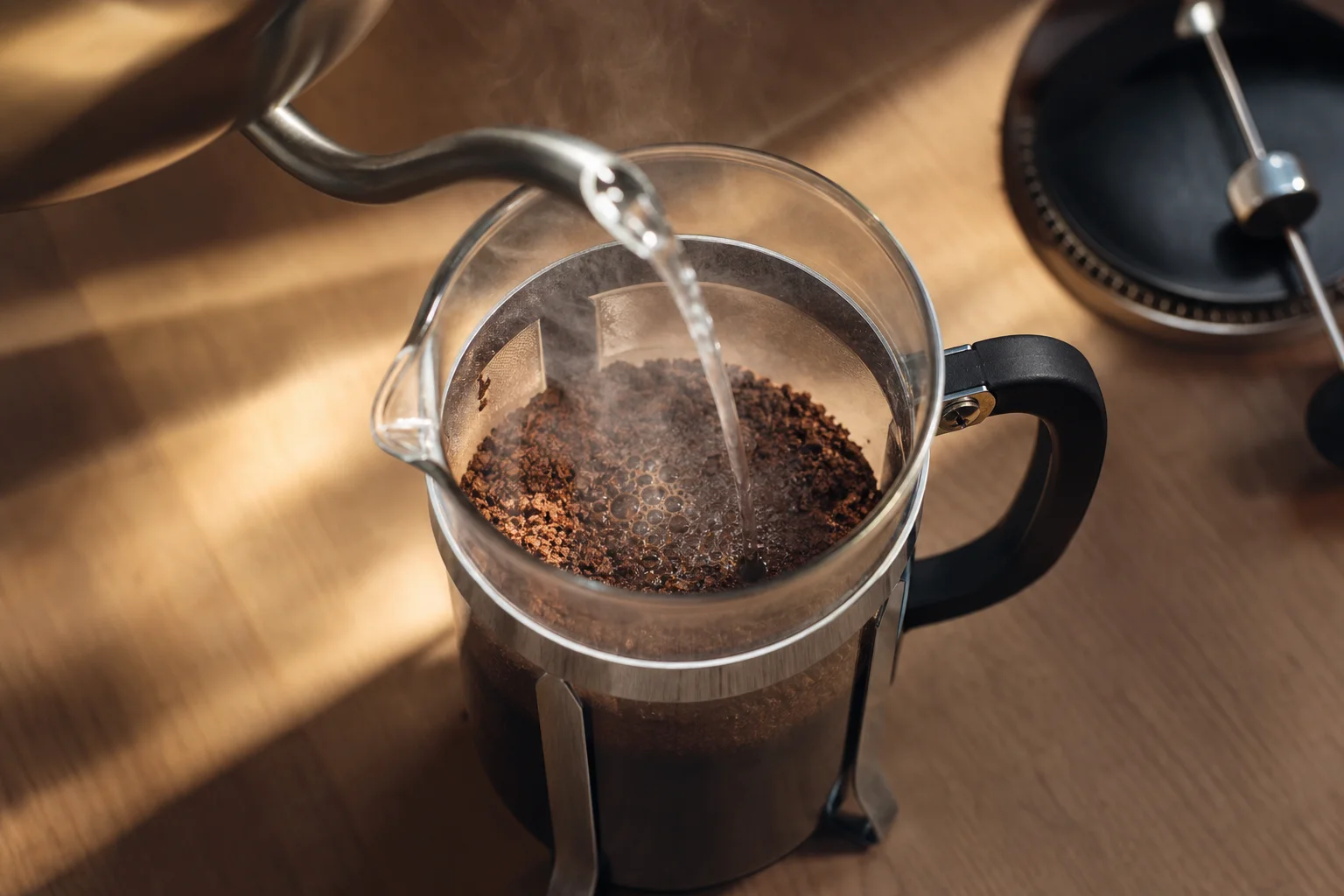 Pouring hot water into a French press with coarsely ground coffee