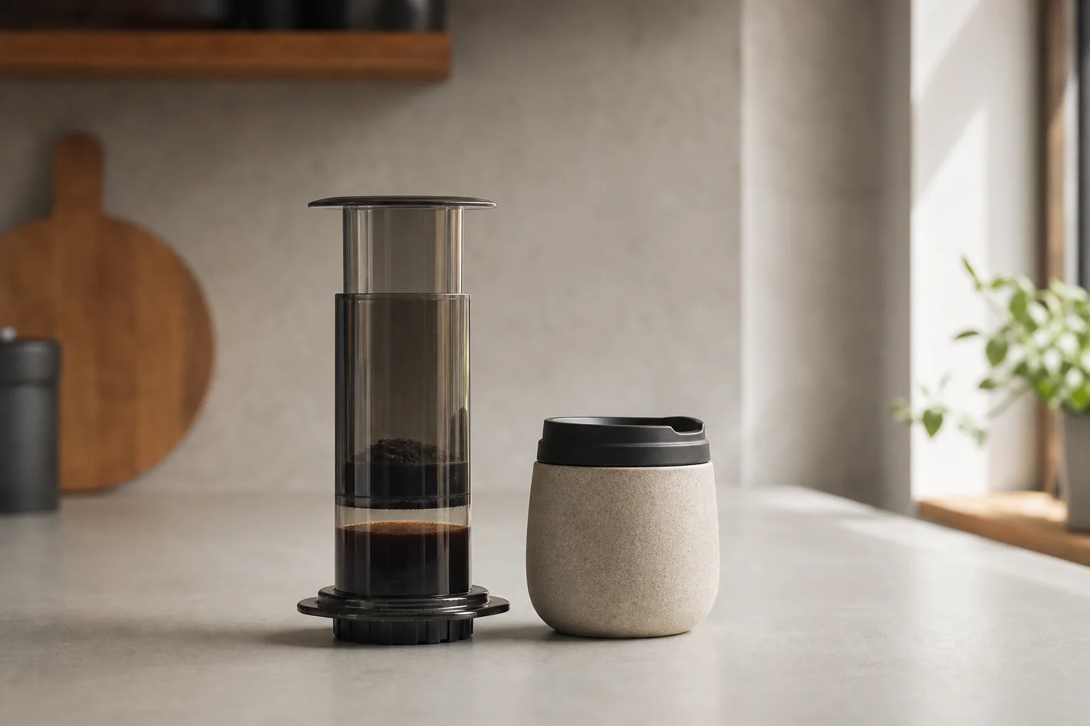 Compact AeroPress device next to a travel mug on a kitchen counter