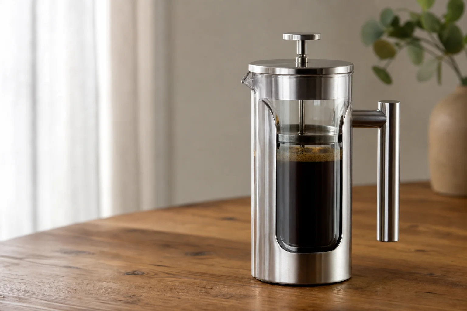 Stainless steel French press with double-wall design on a wooden surface