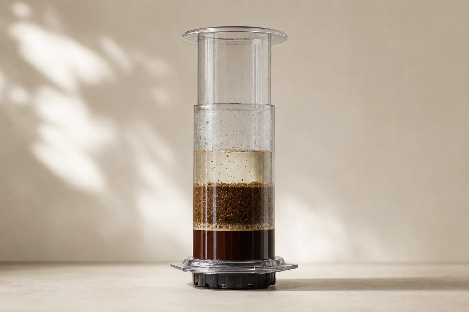 Transparent AeroPress Clear showing the brewing process with visible coffee layers