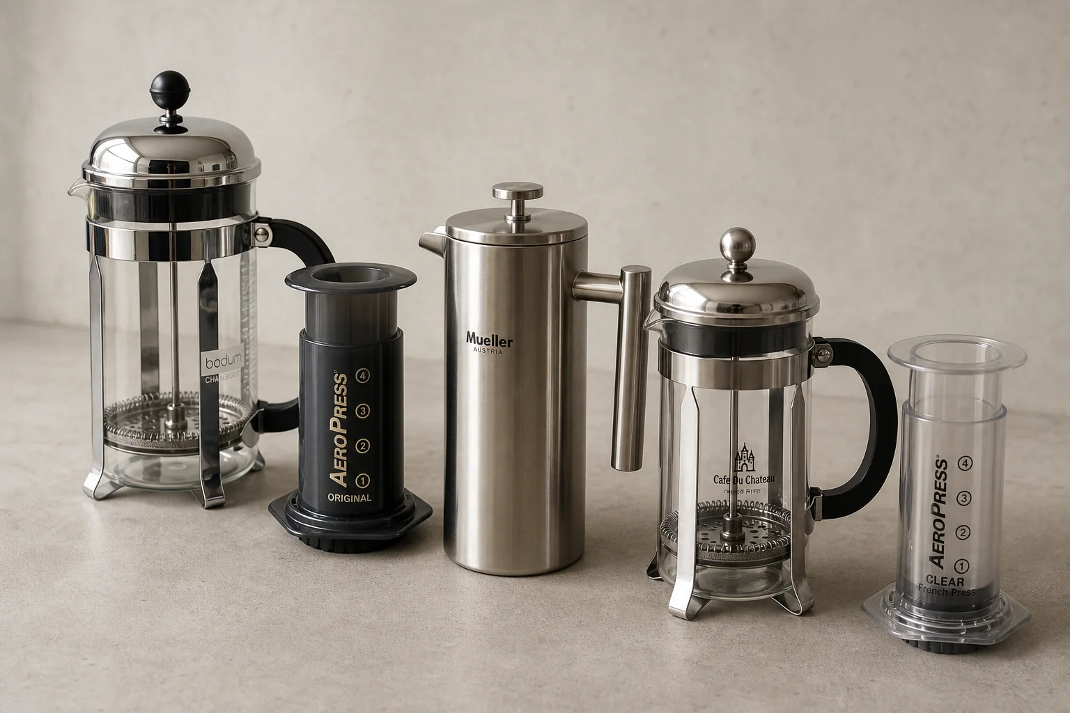 Five French press coffee makers arranged on concrete: Bodum Chambord, AeroPress Original, Mueller, Cafe Du Chateau, and AeroPress Clear