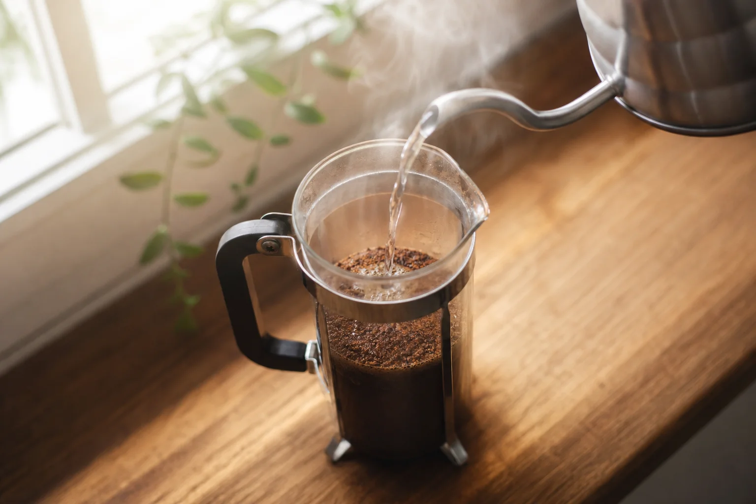 Pouring hot water into a French press with coarse coffee grounds visible