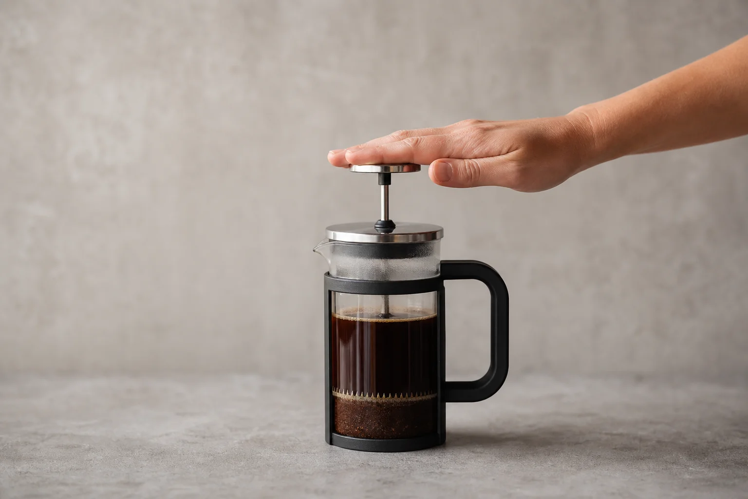 Stainless steel plunger pressing down through coffee grounds in a glass carafe