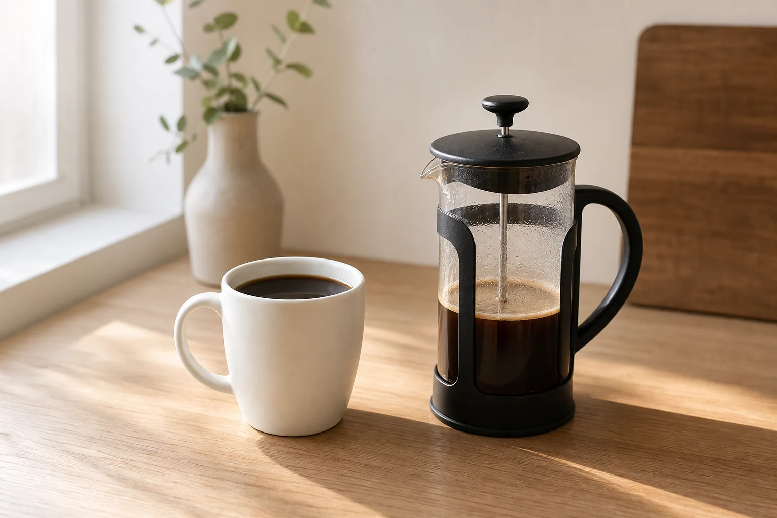 Finished cup of black coffee next to a French press on a kitchen counter