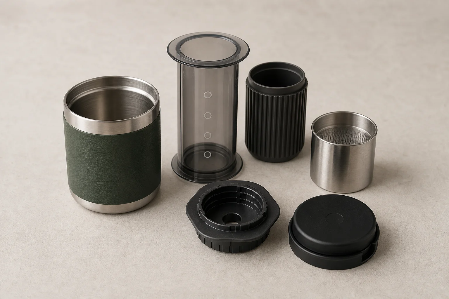 AeroPress Go Plus portable coffee maker packed in its integrated insulated tumbler