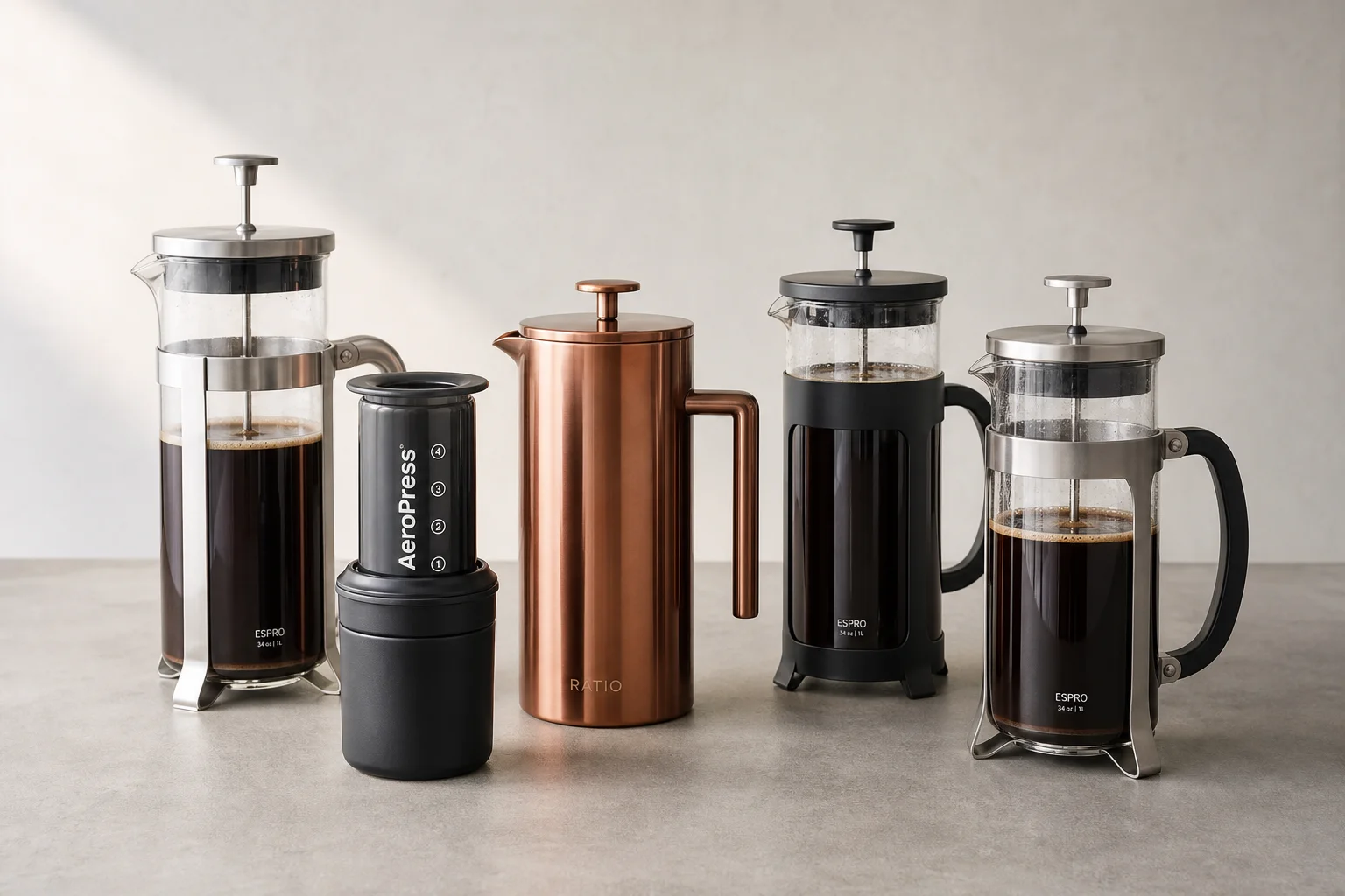 Five French press coffee makers arranged on concrete surface showing different sizes and styles