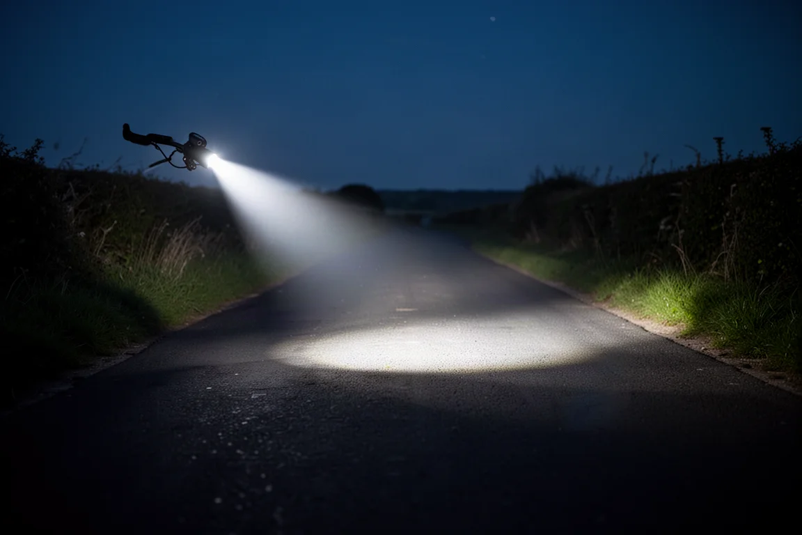 Wielrenner op een donker landweggetje in de schemering met een heldere voorlampbundel op het asfalt
