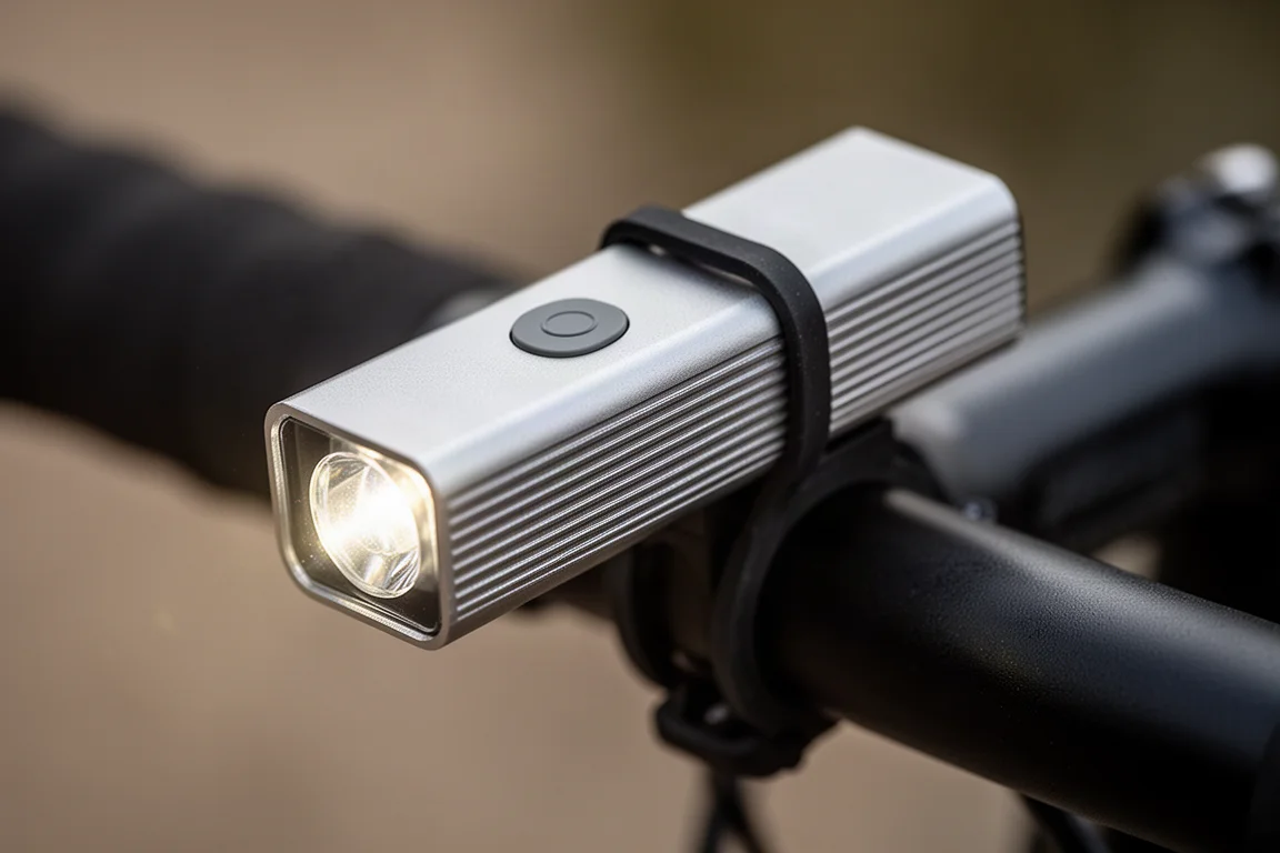 Brede egale lichtvlek van een fietslamp die in het donker over een grindpad valt