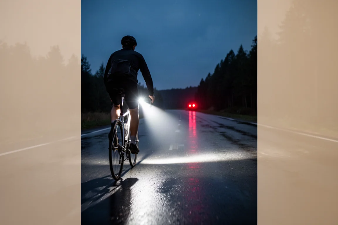 Fiets die in het donker tegen een muur leunt met lampen en gereedschap uitgestald op beton