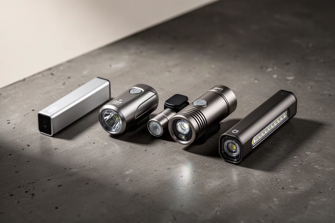 Four bicycle front lights arranged in a row on a matte concrete surface