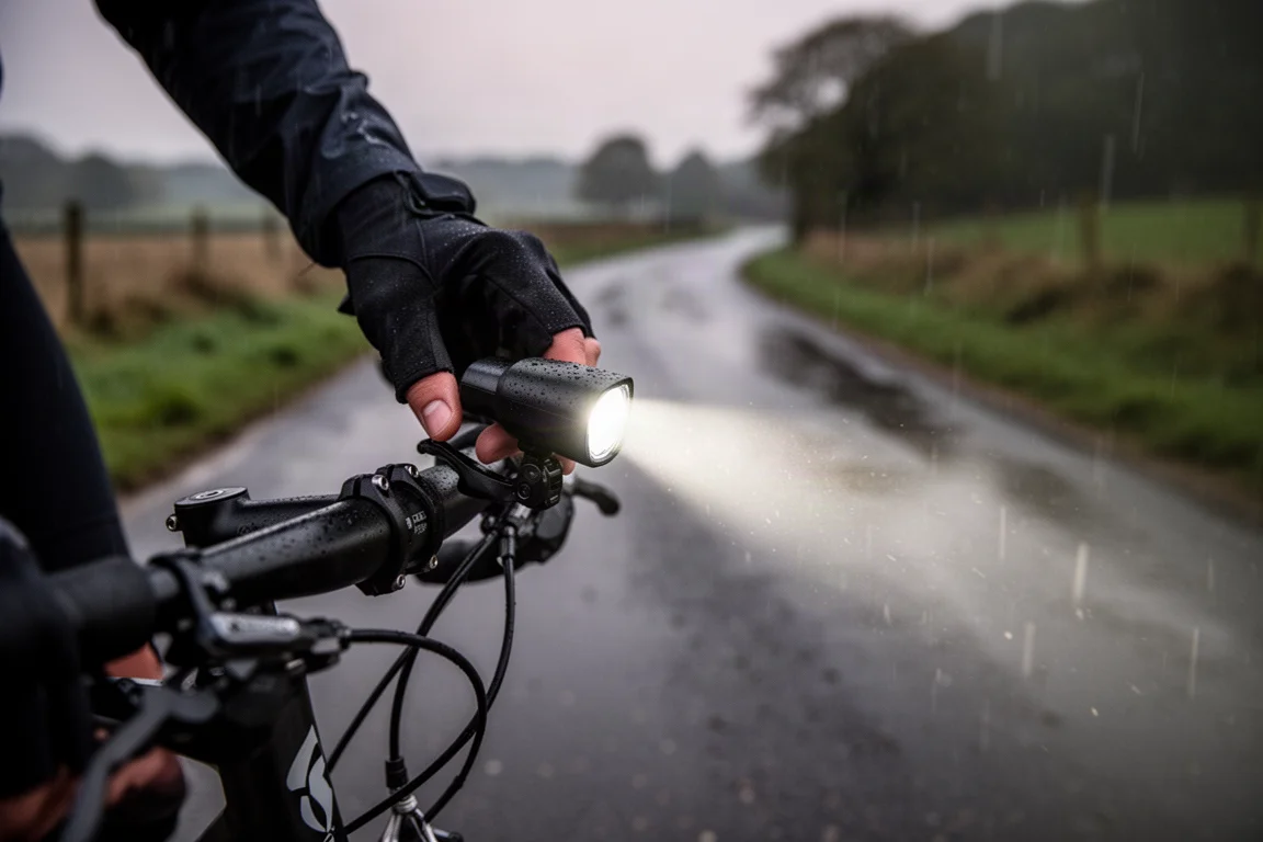 Ciclista de estrada em uma estrada escura de outono com um feixe de luz focado no asfalto molhado