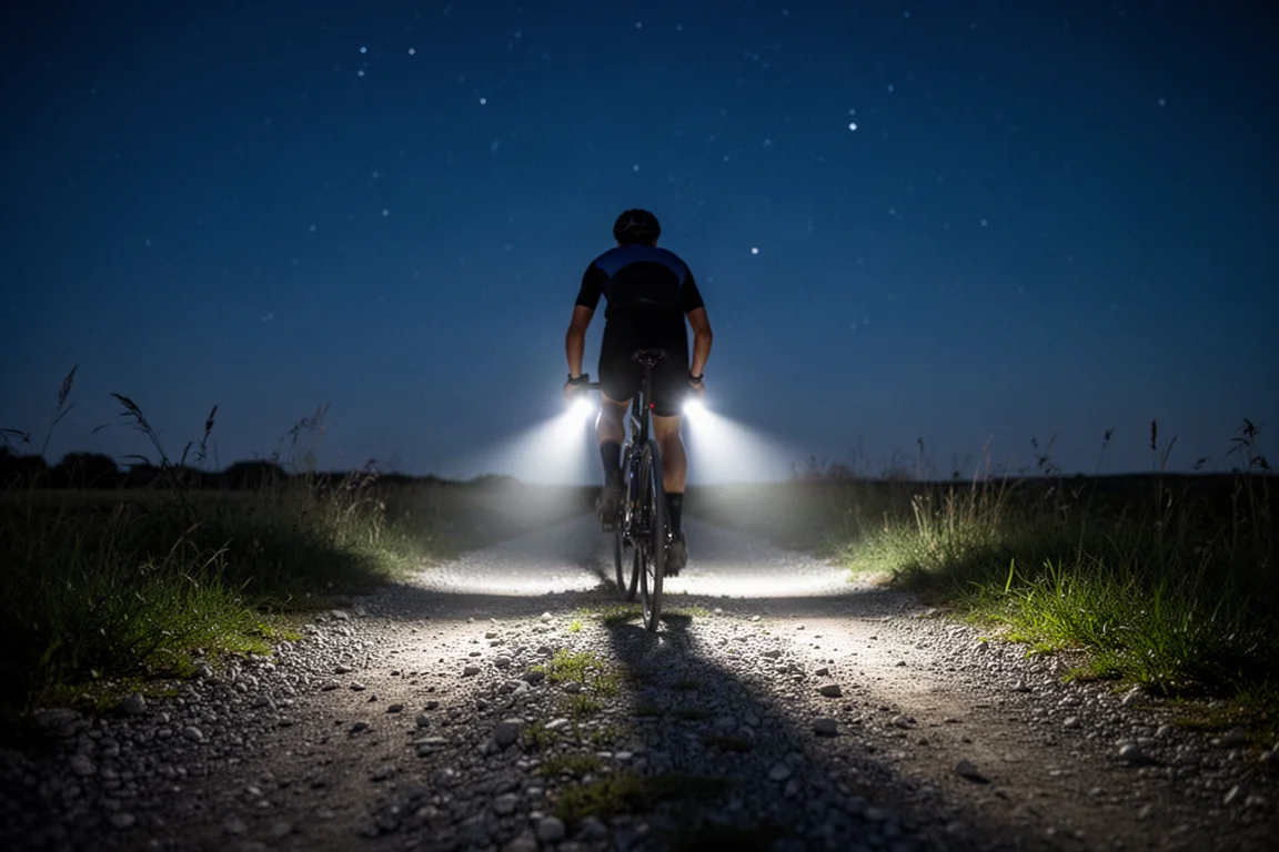 Bicicleta de gravel em uma trilha de terra à noite com dois feixes de luz dianteiros na superfície