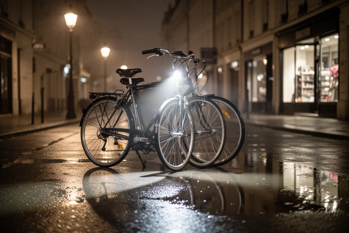 Ciclista urbano em uma rua molhada da cidade com uma ampla área de luz à frente do guidão