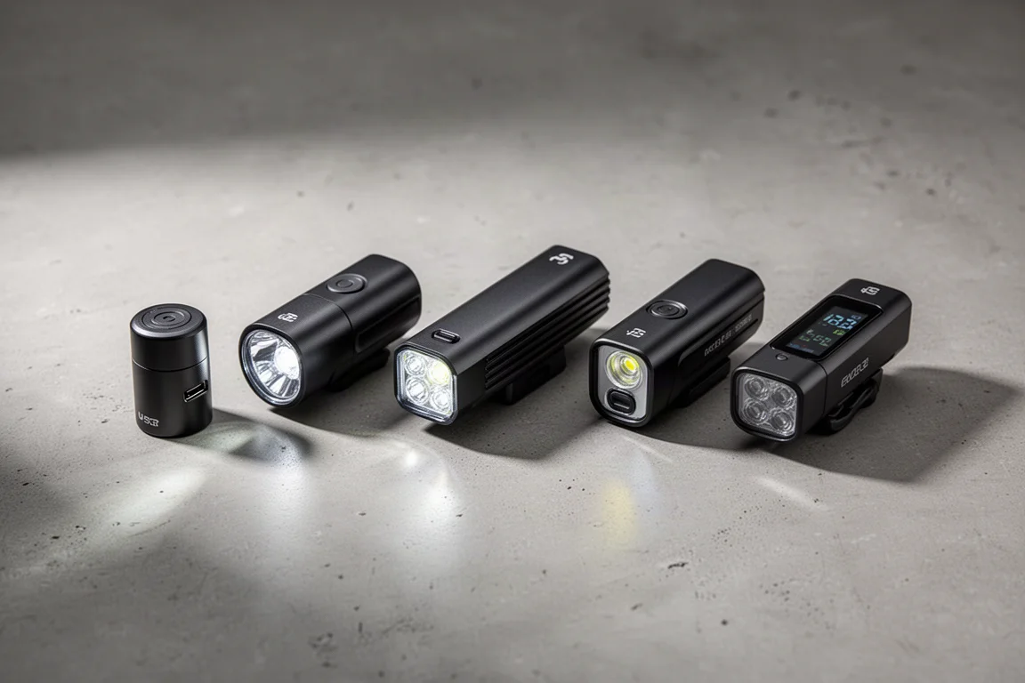 Six front bike lights arranged in a row on a concrete surface with a cable and bracket