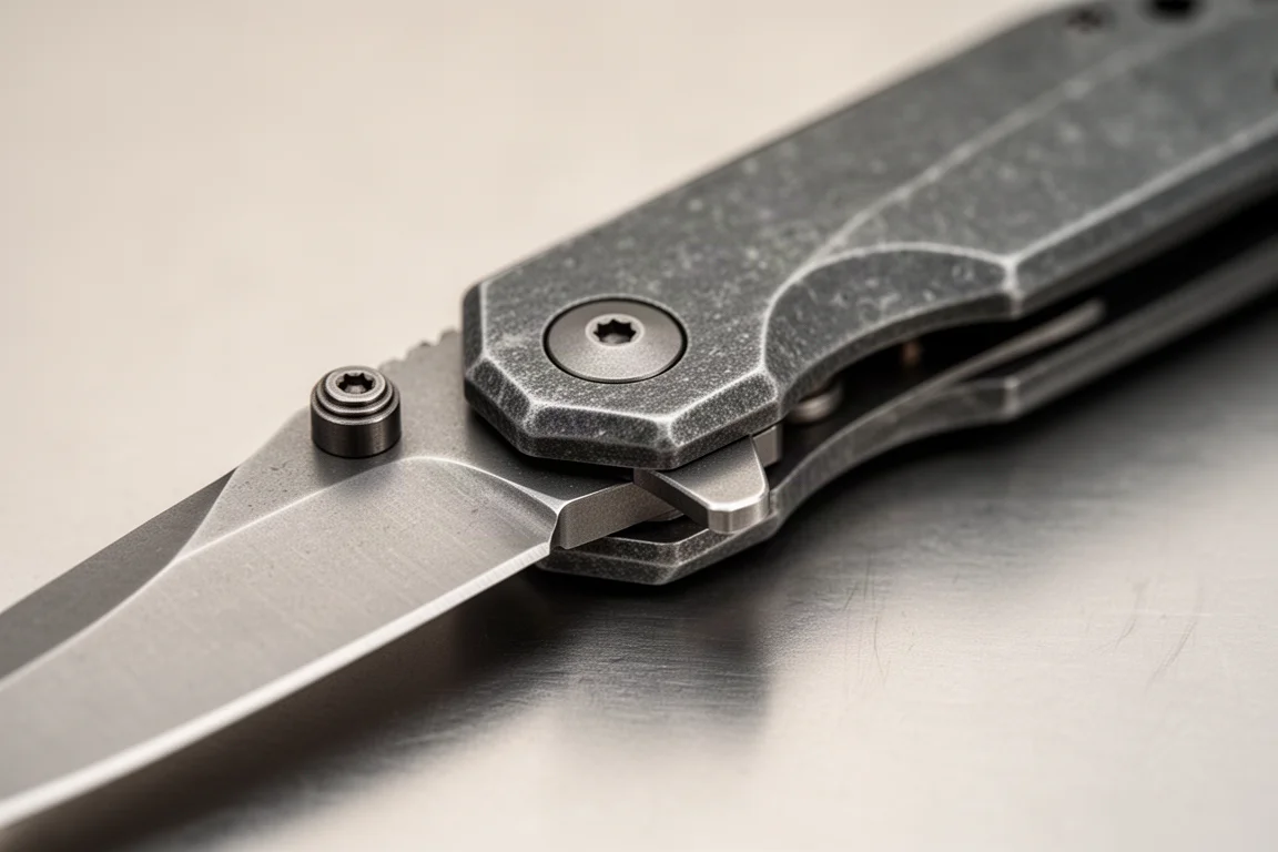 Close de uma lâmina de faca dobrável com aba front flipper perto do pivô