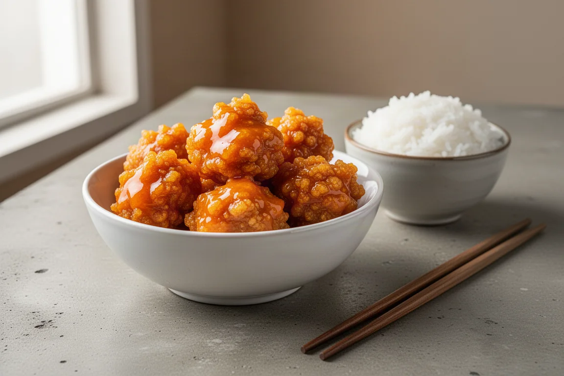 Crispy glazed orange chicken pieces served in a bowl with rice