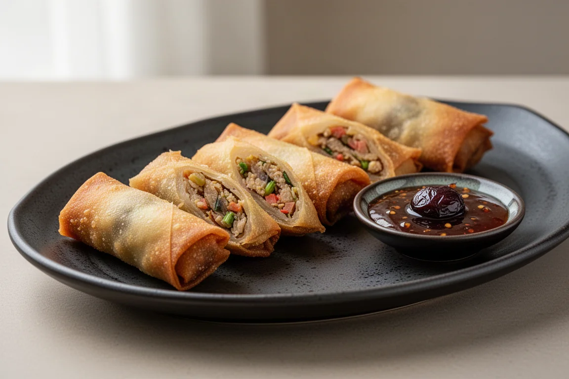 Golden mini egg rolls on a serving platter with dipping sauce