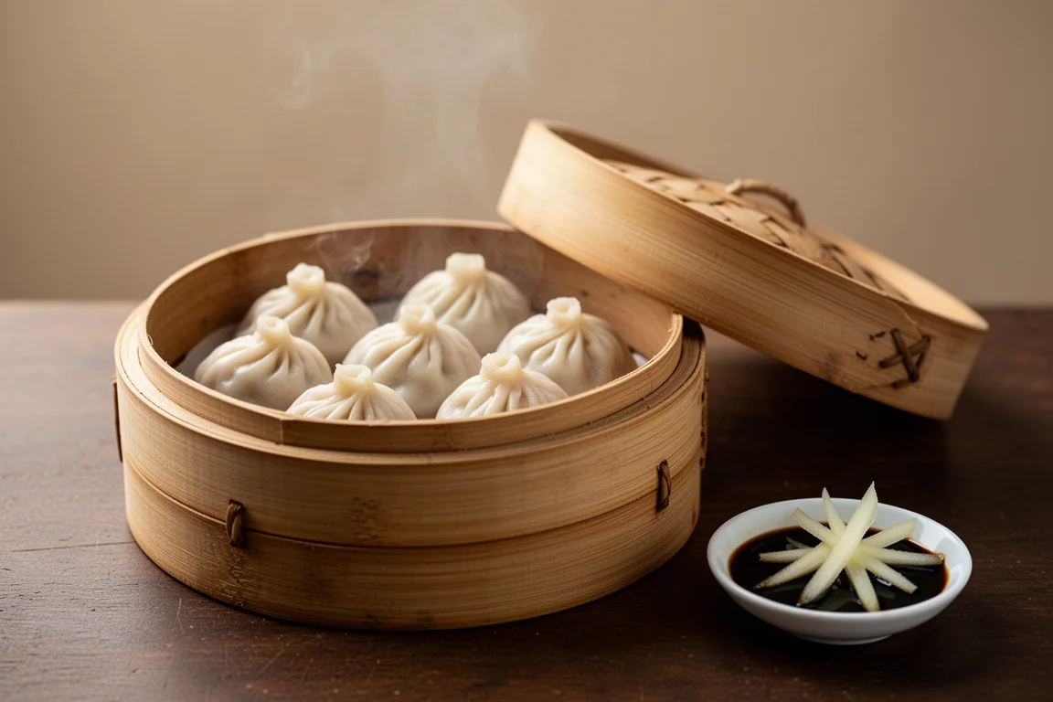 Bamboo steamer lid lifted to reveal plump soup dumplings with steam rising