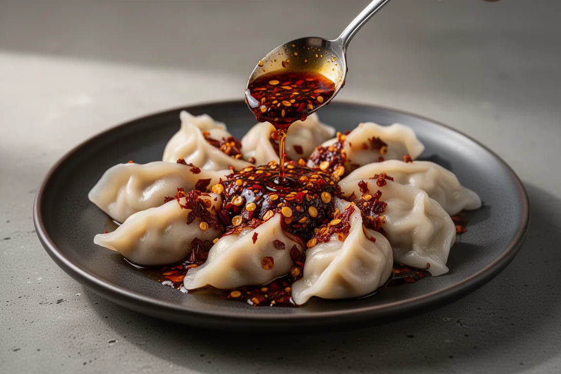 Boiled dumplings topped with a spoonful of red chili crisp oil