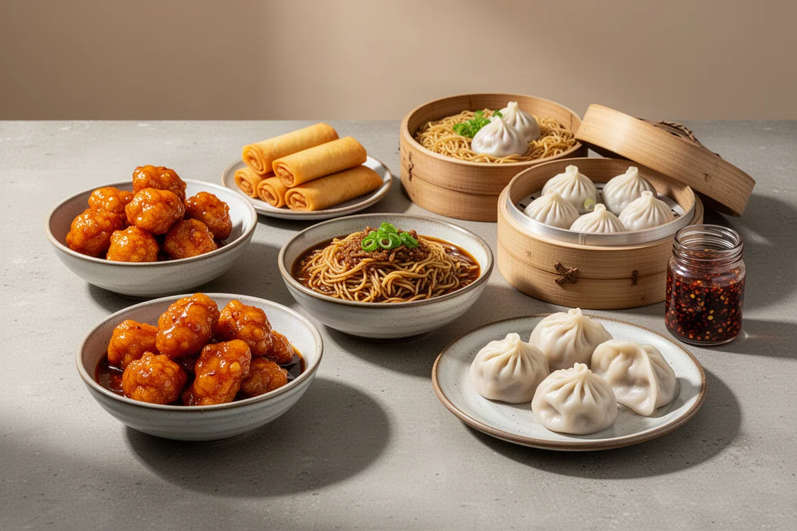 Spread of frozen Chinese foods including orange chicken, egg rolls, dumplings and chili crisp