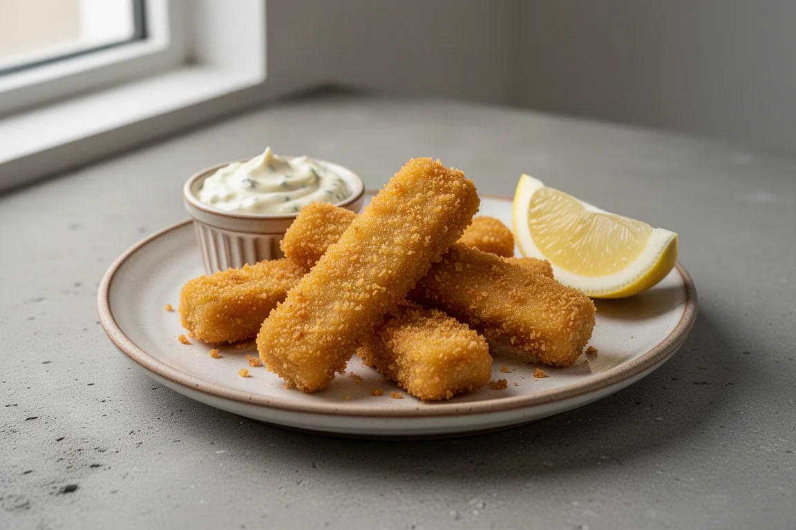Goldgelbe panierte Fischstäbchen auf einem Keramikteller mit Remoulade angerichtet